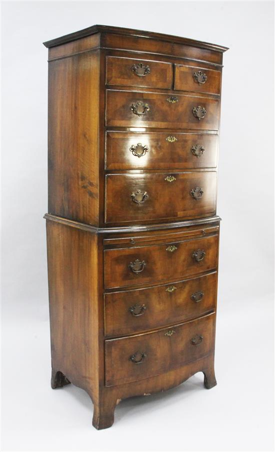 A walnut bowfront chest on chest, W.2ft 3in.